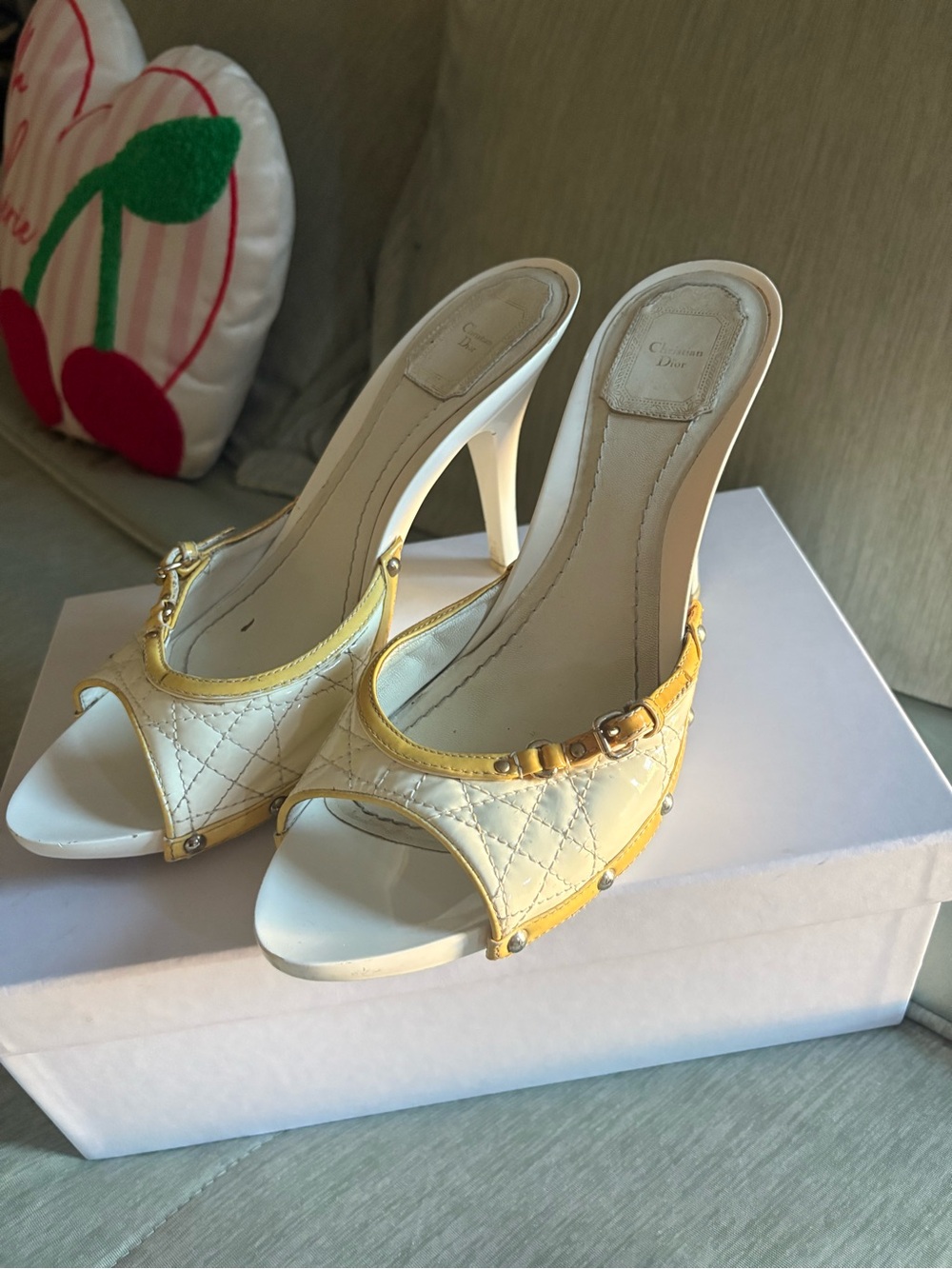 Dior White and Yellow Quilted Open-Toe Heels